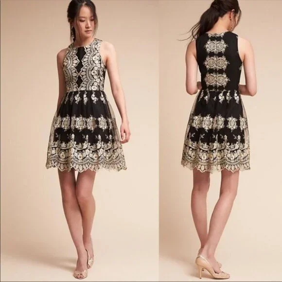 Immaculate BHLDN Black Gold Lace Flourish A-Line Dress $380 - Picture 1 of 11